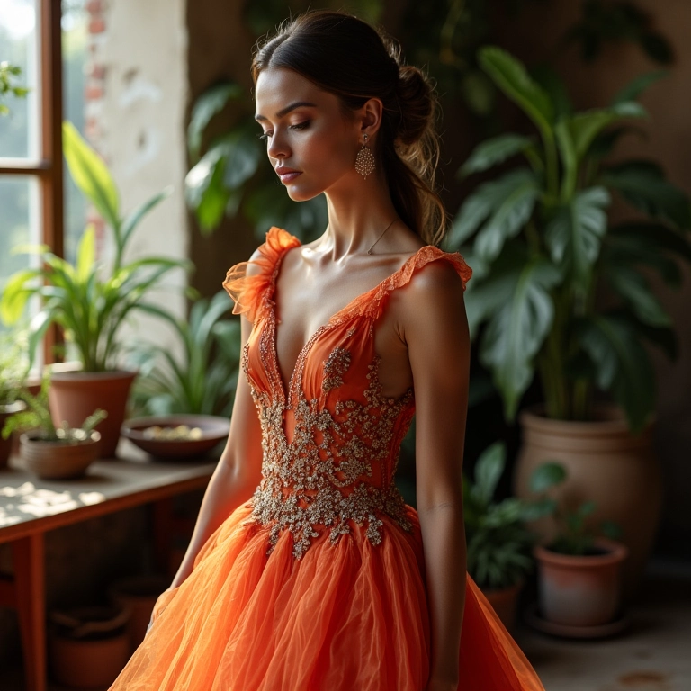 Mulher elegante vestindo um vestido de alta-costura exclusivo em um ateliê.