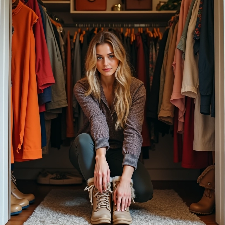 Mulher em closet combinando sapatos de inverno com roupas, tendência 2025.