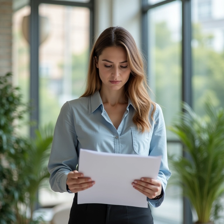 Mulher em escritório moderno, focada em criar segurança após divórcio.