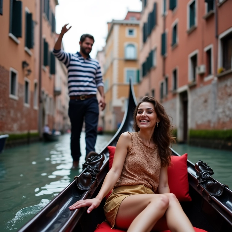 Mulher em gôndola em Veneza, Itália.