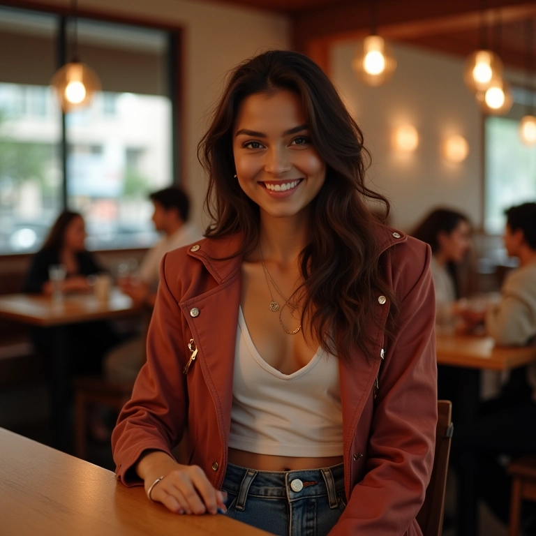 Mulher em look casual estiloso para um encontro em restaurante.