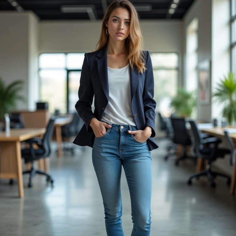 Mulher em look casual para o trabalho: blazer, jeans e sapatilhas em escritório moderno.