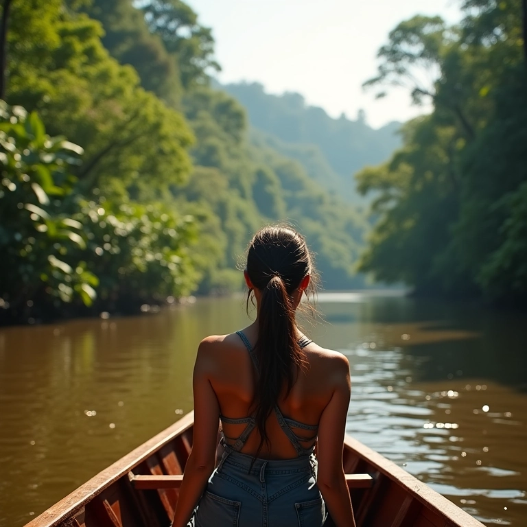 Mulher em passeio de barco pelos rios da Amazônia, perto de Manaus.