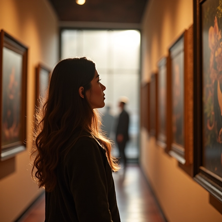 Mulher em um museu de Curitiba admirando arte.