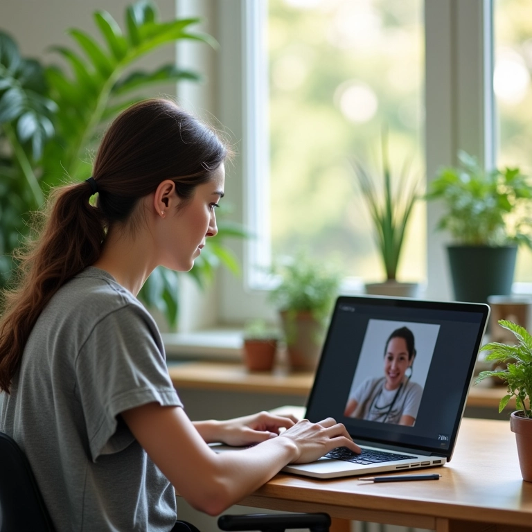 Mulher em uma sessão de terapia online em seu laptop em uma sala iluminada com plantas.
