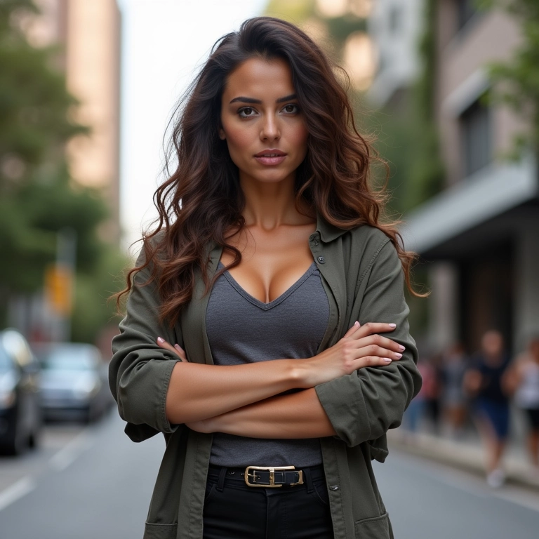 Mulher em visual moderno, expressando poder e confiança.
