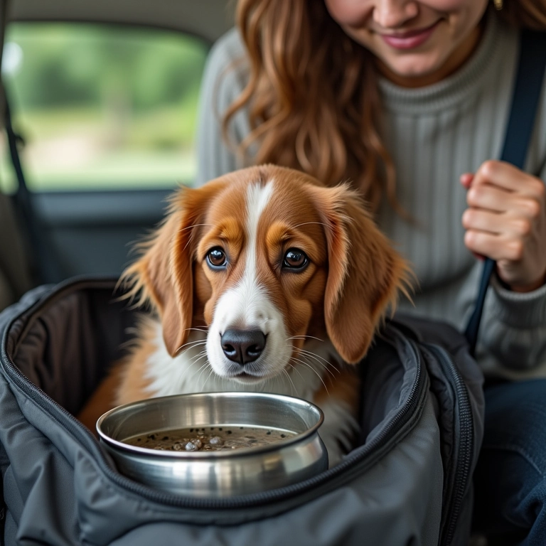 Mulher embalando ração e tigela de água para pet em bolsa de viagem.