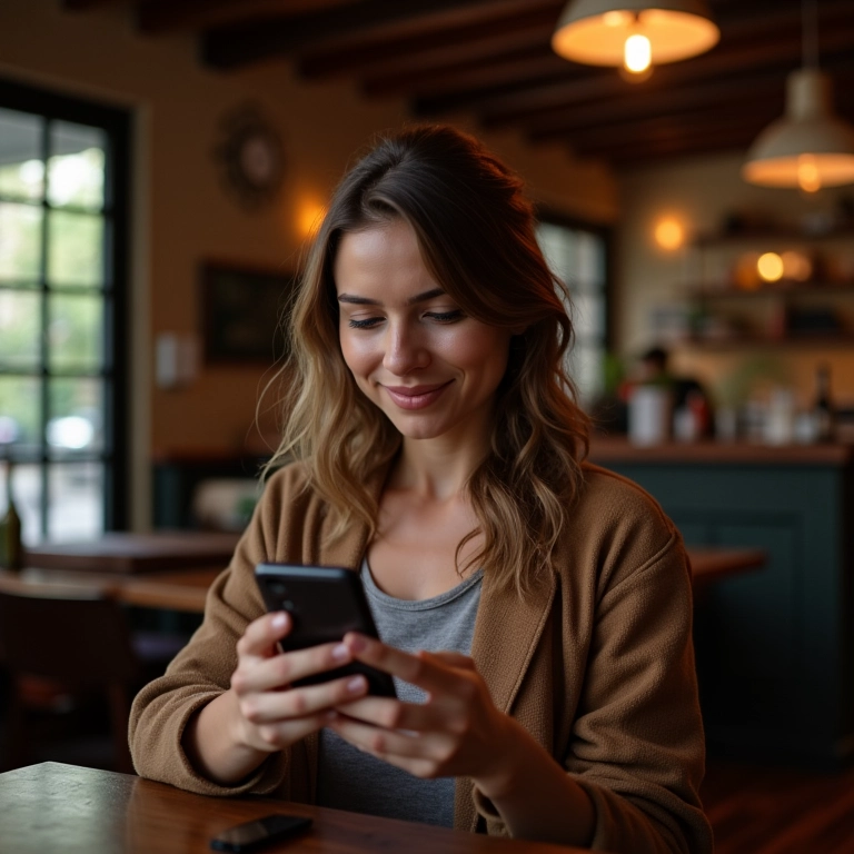 Mulher encontrando Wi-Fi grátis com app em café brasileiro aconchegante.