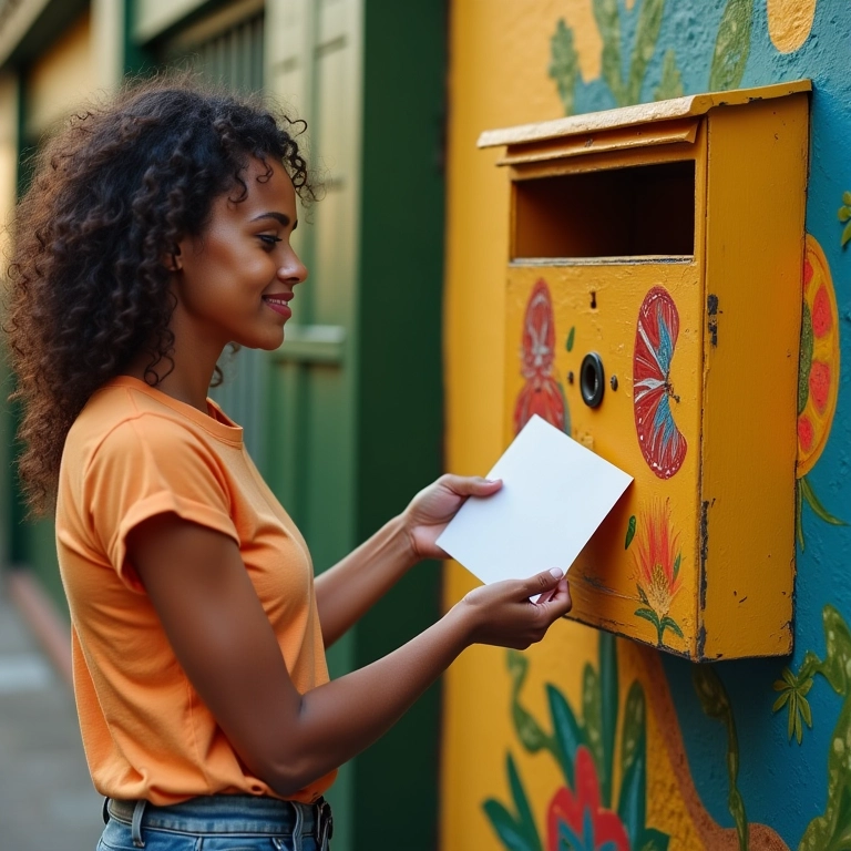 Mulher enviando carta de amor selada pelo correio em bairro brasileiro.