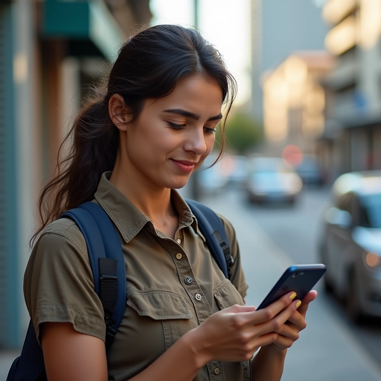 Mulher enviando localização usando aplicativo de segurança em cidade brasileira.