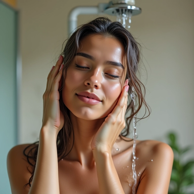 Mulher enxaguando o cabelo sob água morna no chuveiro, com expressão relaxada.