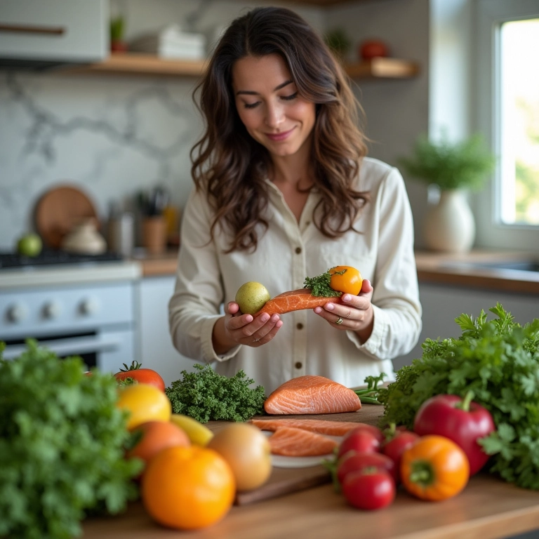 Mulher escolhendo alimentos saudáveis anti-inflamatórios para ajudar a controlar a dermatite seborreica.