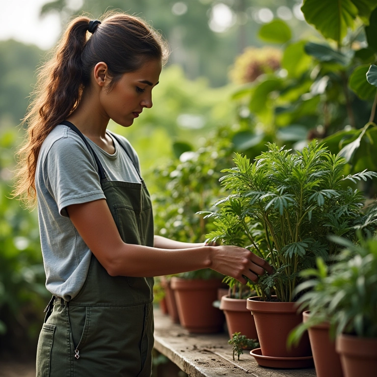 Mulher escolhendo as plantas certas para seus vasos decorativos.