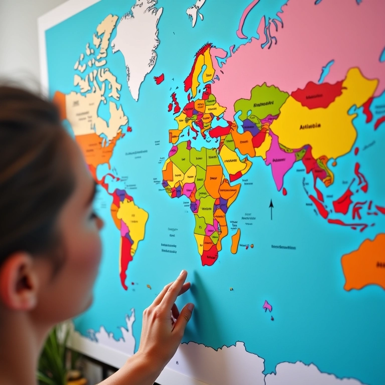 Mulher escolhendo destino de viagem em mapa-múndi com pins