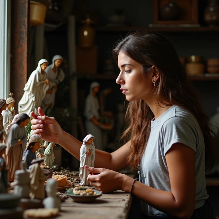 Mulher escolhendo imagem de santo em meio a itens religiosos.