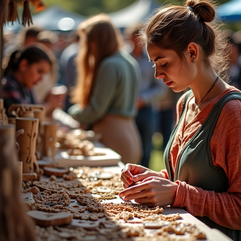 Mulher escolhendo joias artesanais em uma feira de artesanato ensolarada.