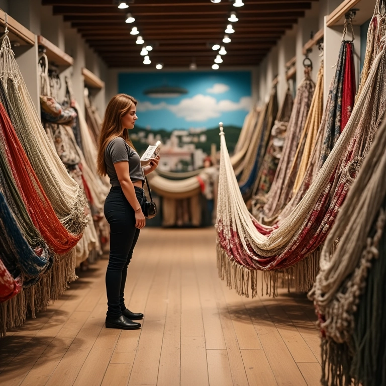 Mulher escolhendo modelo de rede em loja com diversos tipos e estampas brasileiras.