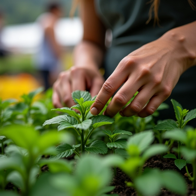 Mulher escolhendo mudas de erva-cidreira em feira orgânica.