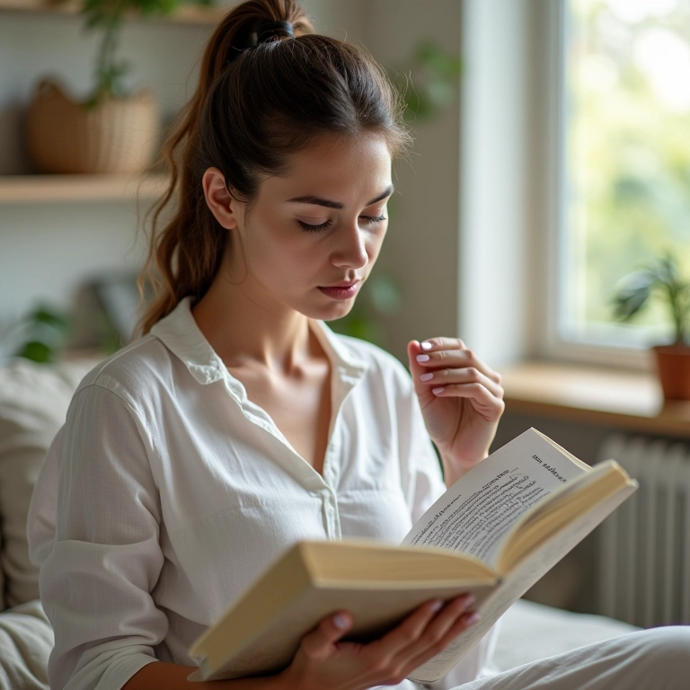 Mulher escolhendo nomes de bebês em livro.