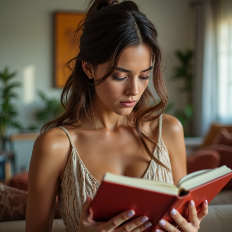 Mulher escolhendo nomes de meninas diferentes e chiques em um apartamento decorado com estilo brasileiro moderno.