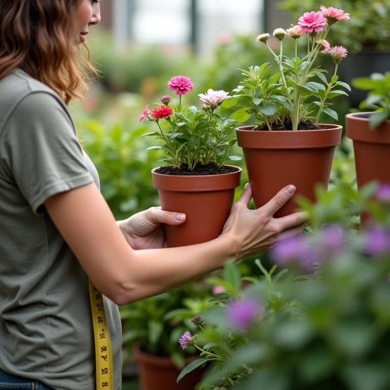 Mulher escolhendo o tamanho ideal de um vaso para sua planta.