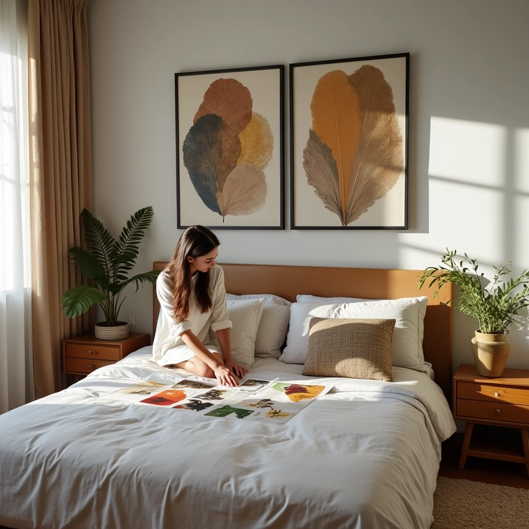 Mulher escolhendo papel de parede para o quarto em um ambiente moderno.