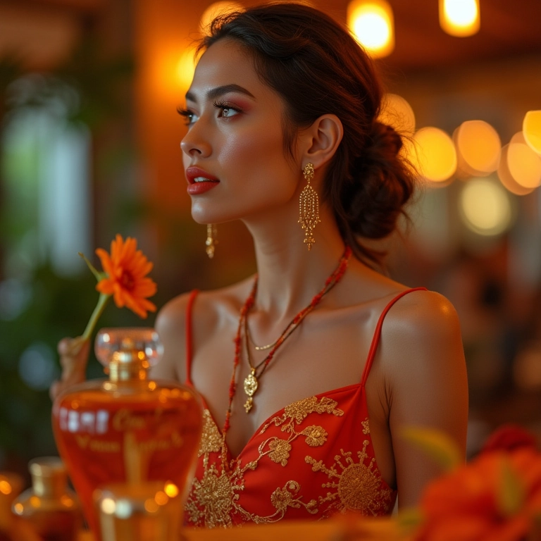 Mulher escolhendo perfume em ambiente brasileiro vibrante e elegante.