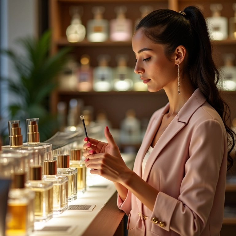 Mulher escolhendo perfume em perfumaria brasileira.
