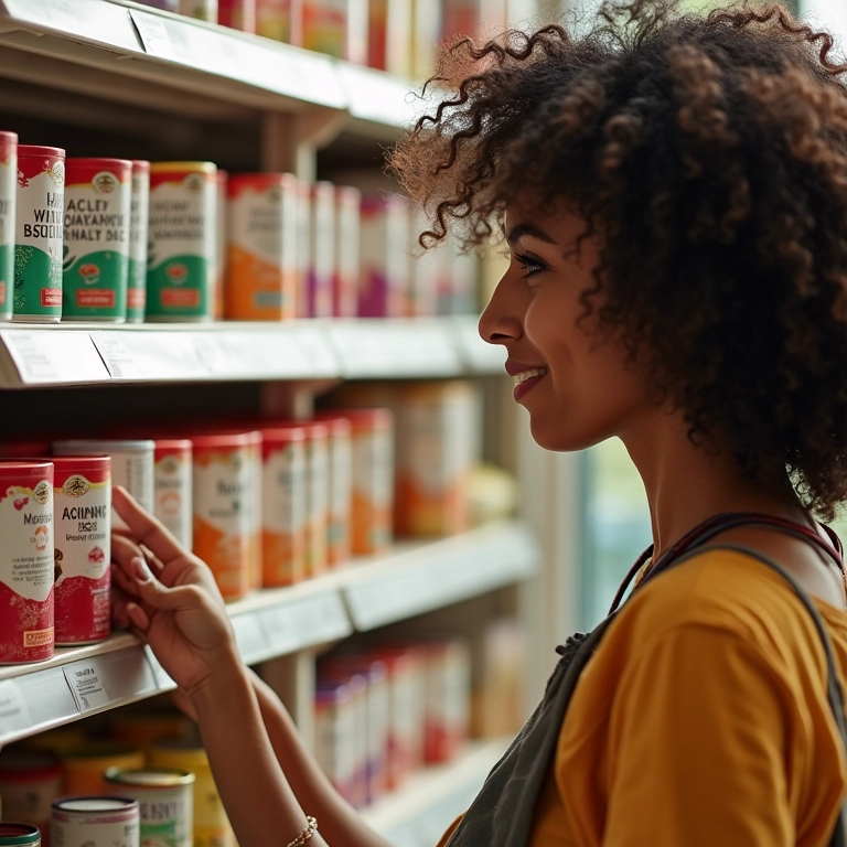 Mulher escolhendo produtos liberados para No Poo em prateleira colorida.