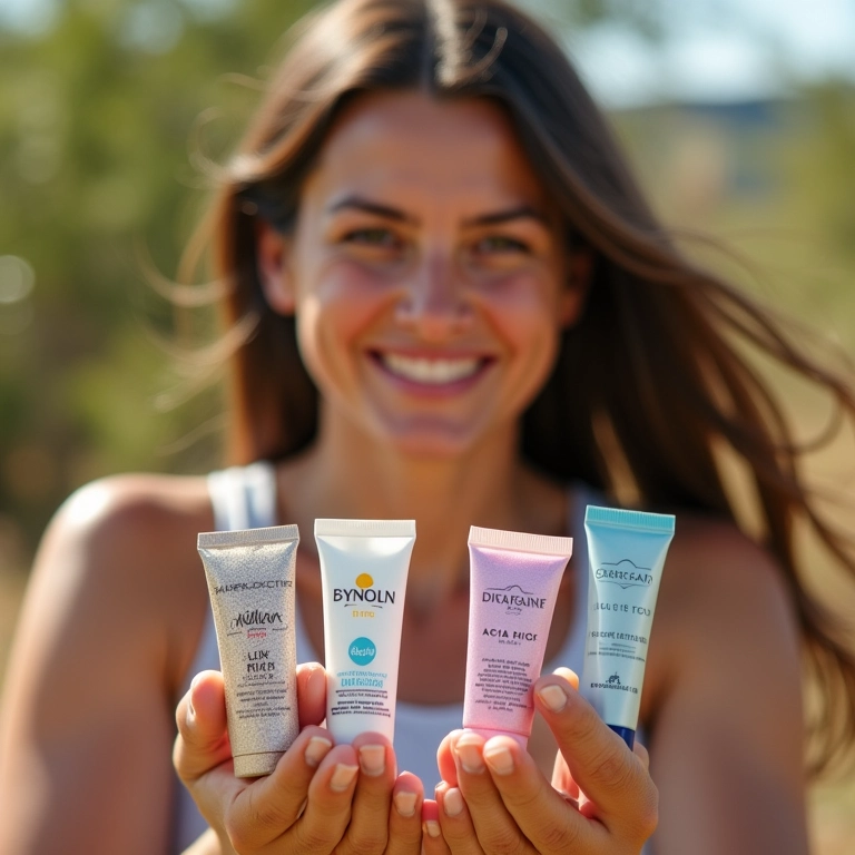 Mulher escolhendo protetor solar com brilho em ambiente Farm Rio.