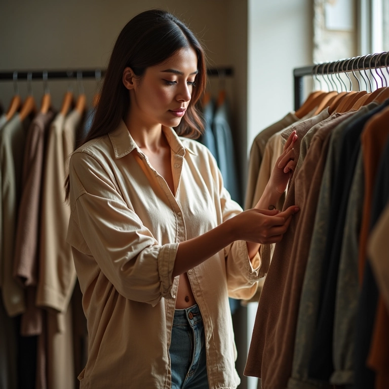 Mulher escolhendo roupa de alta qualidade em boutique sustentável.