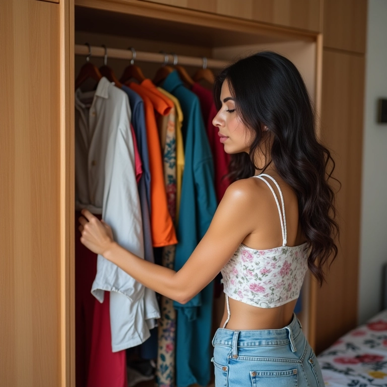 Mulher escolhendo roupas coloridas em guarda-roupa vibrante para viagem de mala de mão.