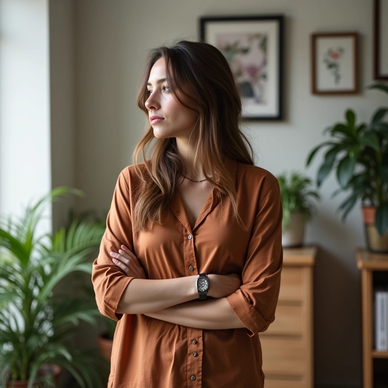 Mulher escolhendo roupas da H&M em apartamento com decoração brasileira.