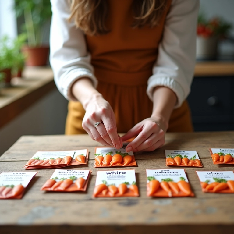Mulher escolhendo sementes de cenoura de diferentes variedades.