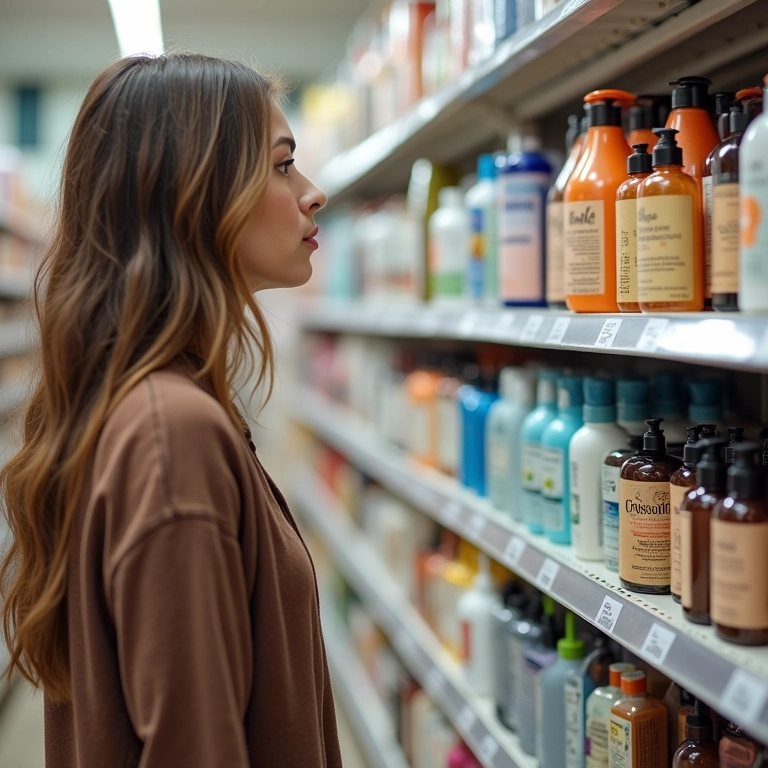 Mulher escolhendo shampoos em uma prateleira de loja.