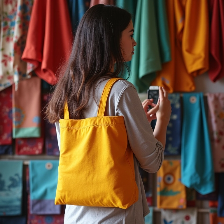 Mulher escolhendo tecidos coloridos para bolsa sacola.