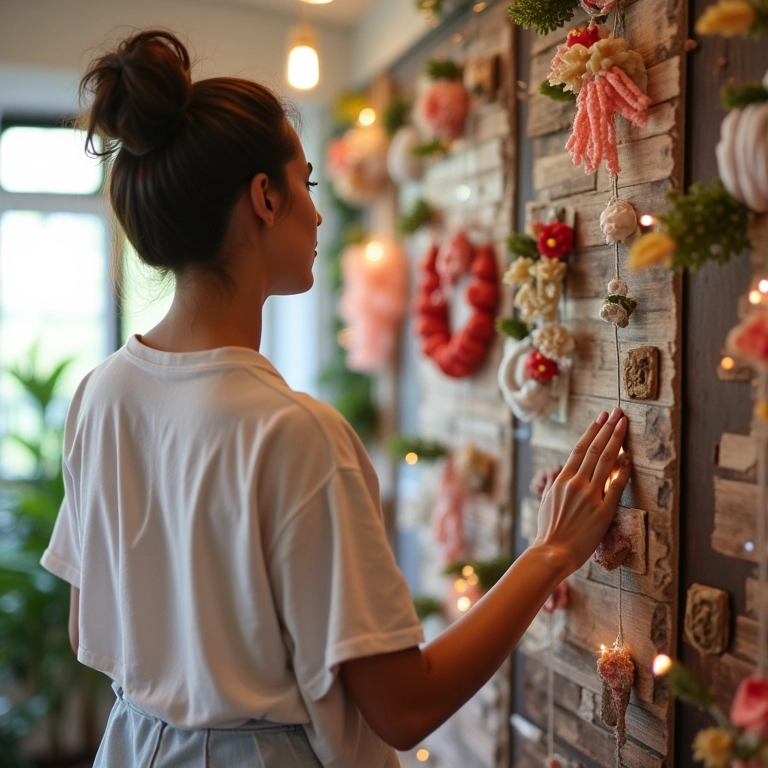 Mulher escolhendo tema para festa infantil, decoração em exibição.