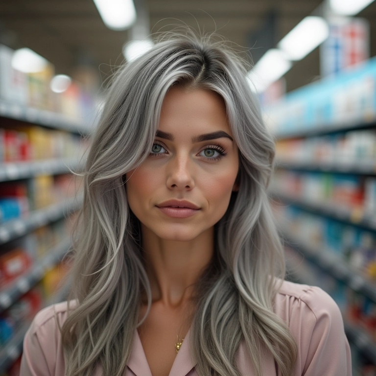 Mulher escolhendo tonalidade de tinta para cabelo em drogaria.