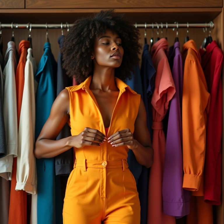 Mulher escolhendo um macacão de alfaiataria em seu closet.