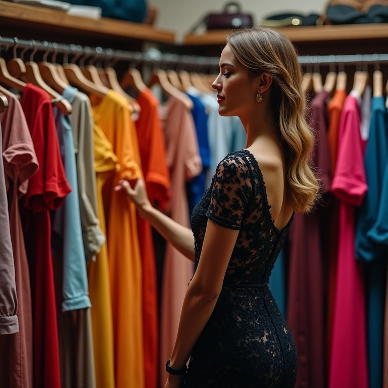 Mulher escolhendo vestido para tipo de festa específico.