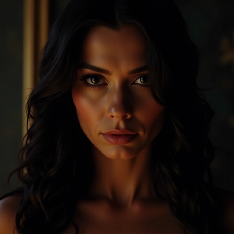 Mulher escorpiana com olhar intenso em ambiente luxuoso.