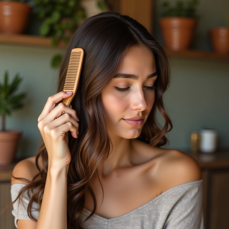 Mulher escovando o cabelo delicadamente para evitar atrito.