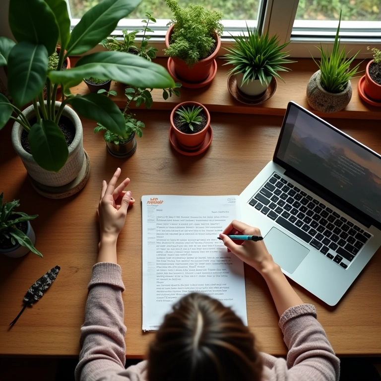 Mulher escrevendo carta de amor em mesa colorida com decoração vibrante.