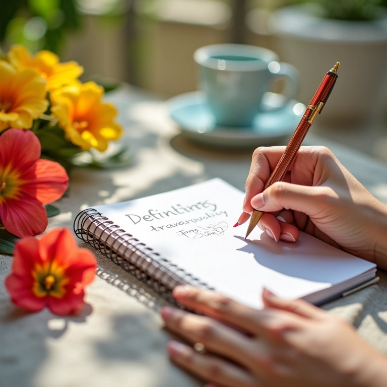 Mulher escrevendo em diário de viagem sobre definir tranquilidade.