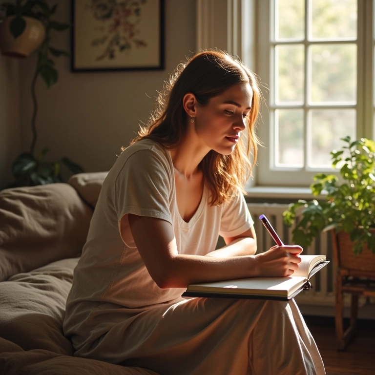 Mulher escrevendo em diário em quarto aconchegante, representando o processamento profundo de informações.