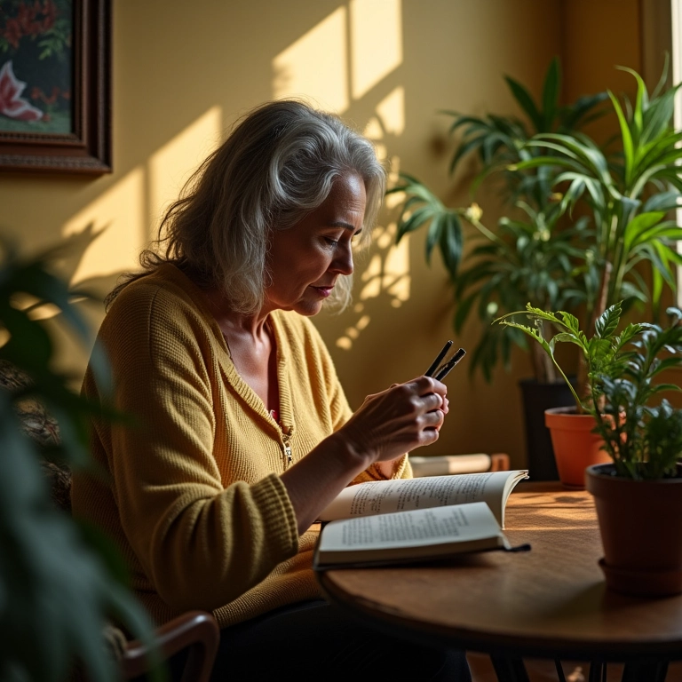 Mulher escrevendo em diário em sala aconchegante, representando o signo de Câncer.