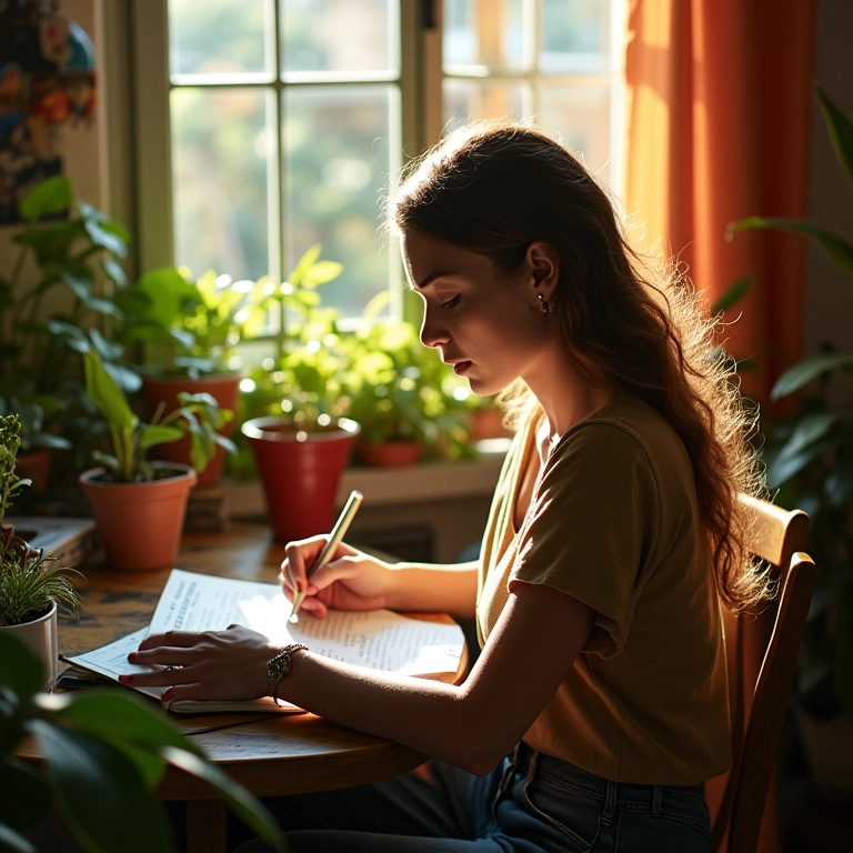 Mulher escrevendo em um diário em apartamento brasileiro.