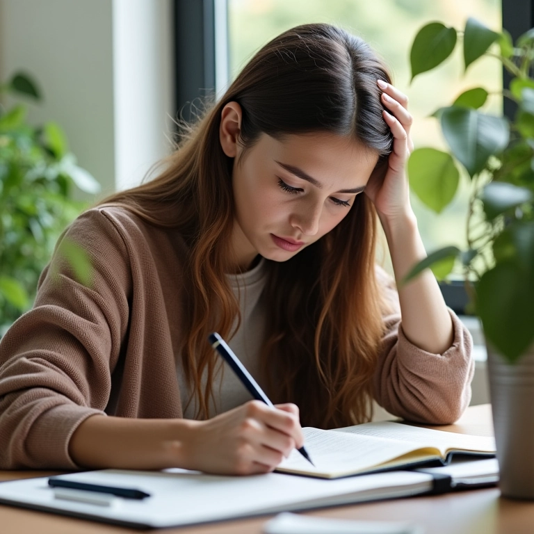 Mulher escrevendo em um diário, expressando seus pensamentos para aliviar a ansiedade.