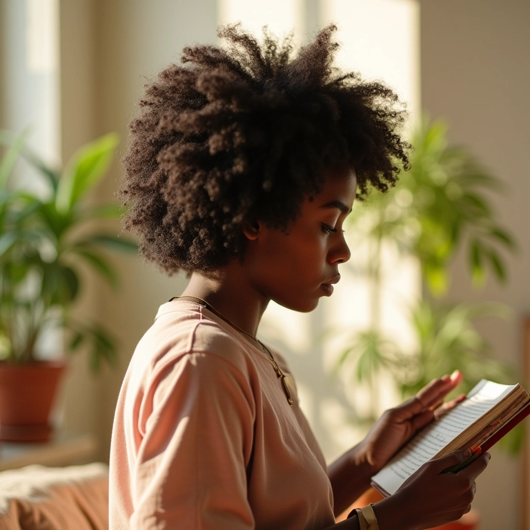 Mulher escrevendo em um diário sobre amor-próprio e aceitação durante a transição capilar.