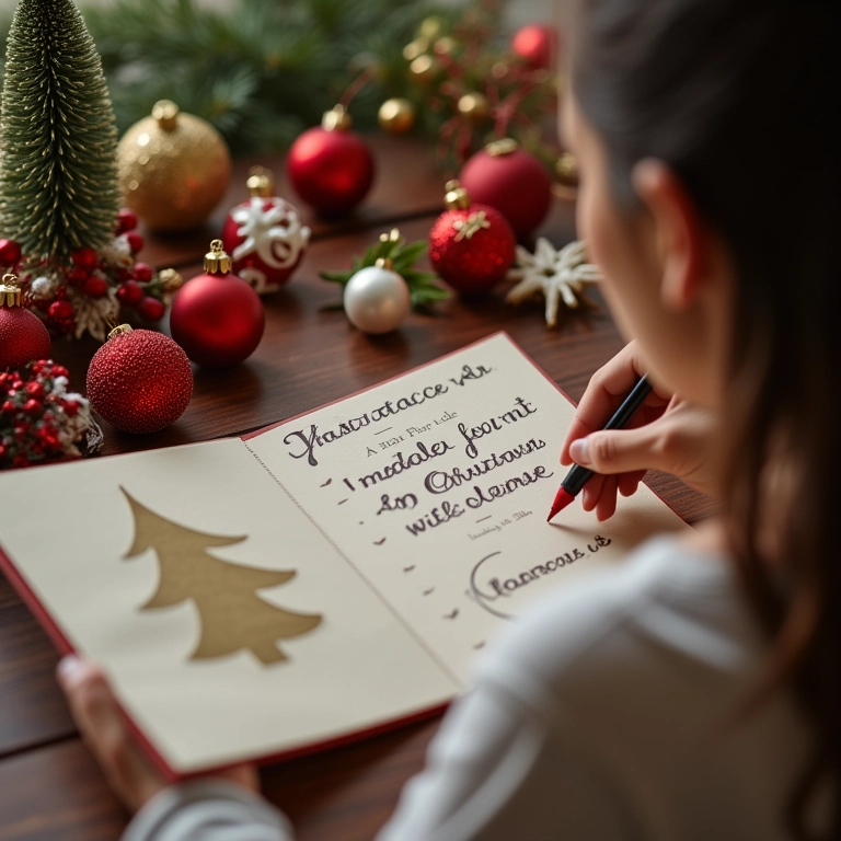 Mulher escrevendo mensagem personalizada de Natal em cartão artesanal.